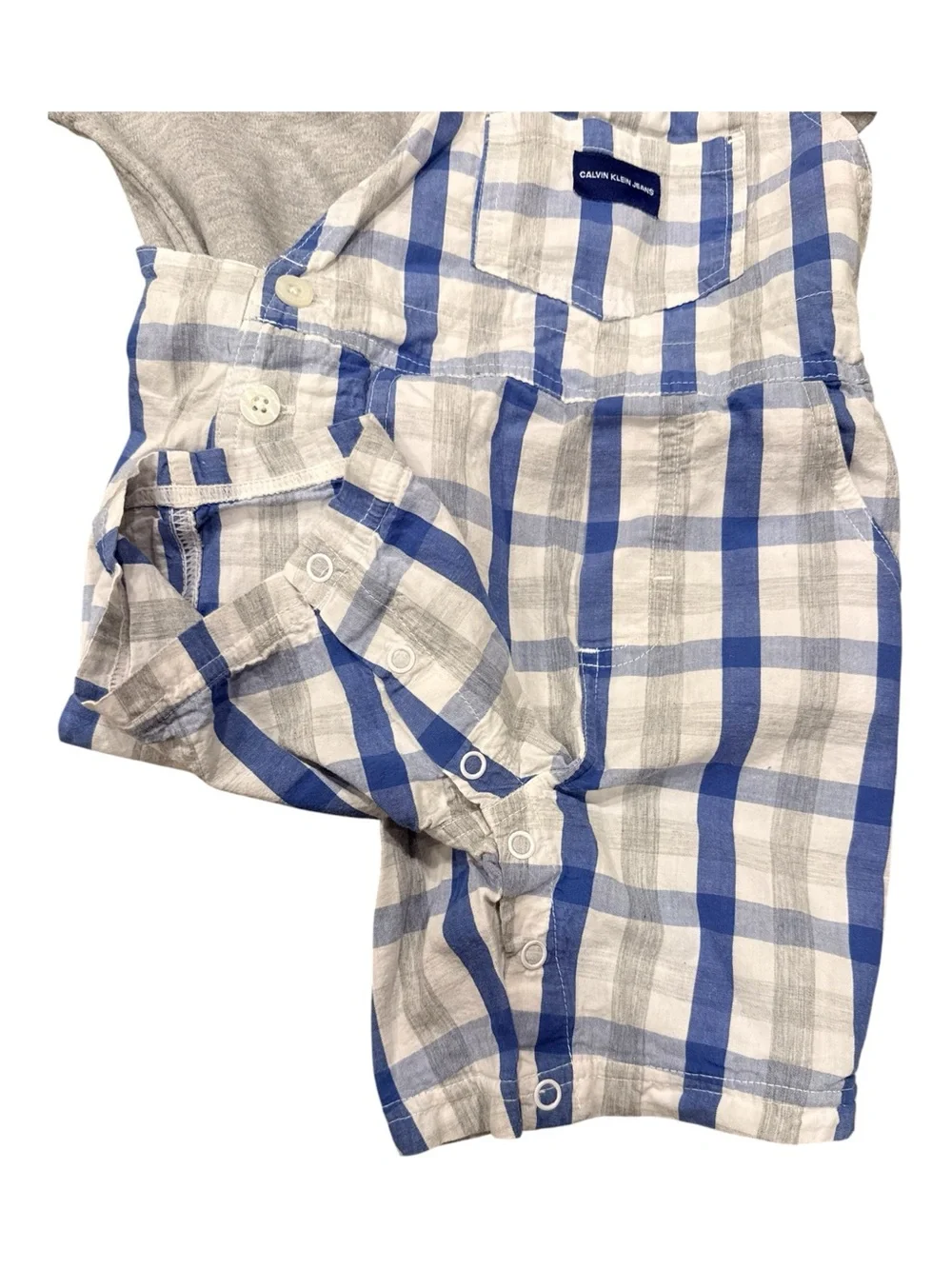 Calvin Klein Baby Boys Plaid Shortall Overalls Logo Tee size 24 months